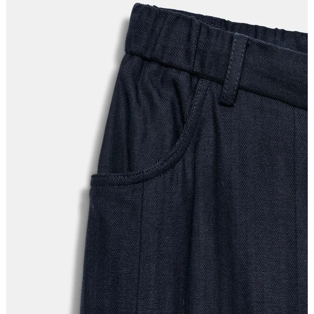 NWT Zara Woman ZW Collection Herringbone Textured Wide Leg Pants Navy Blue